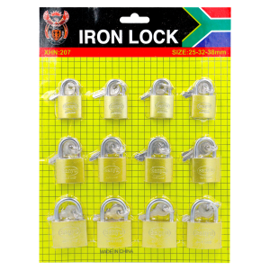 CADEADO EM CARTELA COM 12 UNIDADES 25-32-38MM